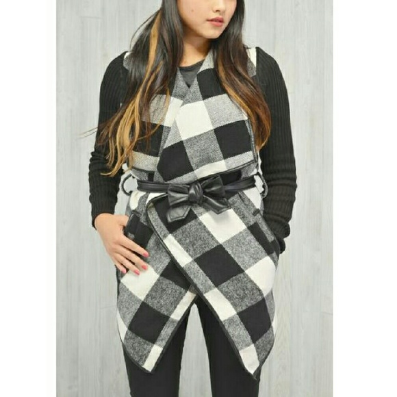 Last One! | Plaid Leather Strap Cardigan Wrap - Picture 2 of 4
