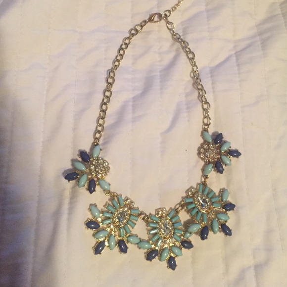 Teal, dark blue, and gold necklace