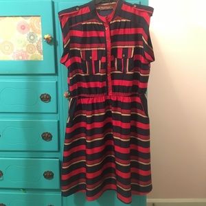 Chic Red, Navy, and Tan dress