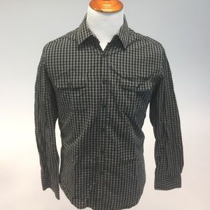 Men Large Black Grey Checkered Dress Shirt
