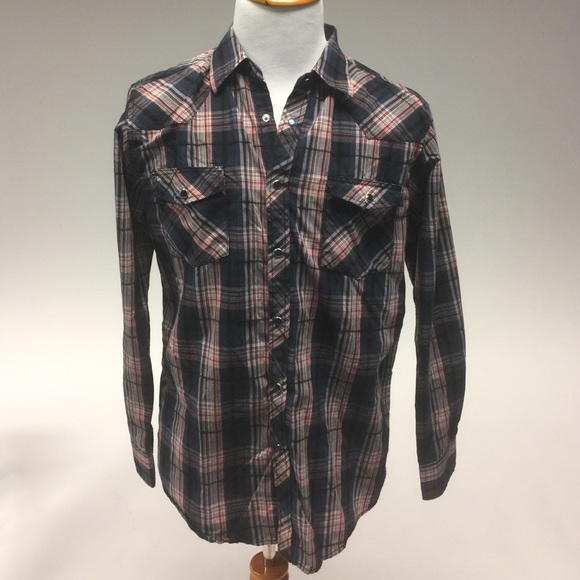 Men L Blue Red White Checkered Shirt