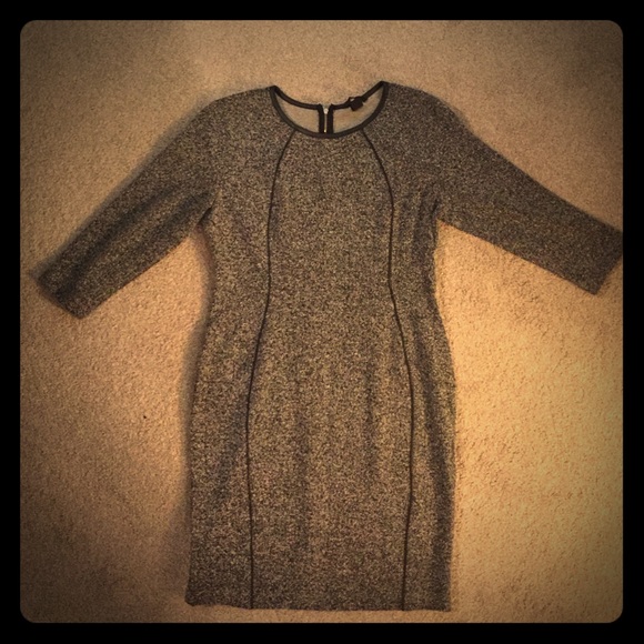 Stretchy Tweed Dress w/Faux Leather Piping/Accents