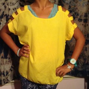 Yellow Open Shoulder Slitted Blouse