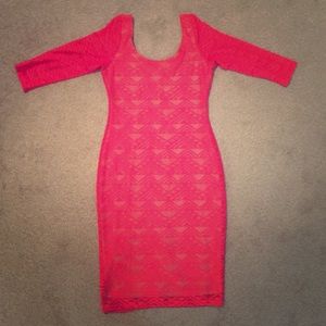 Fitted pink mesh/lace long sleeved dress
