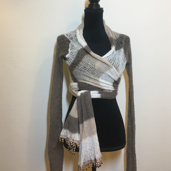 Taupe mohair knit wrap sweater