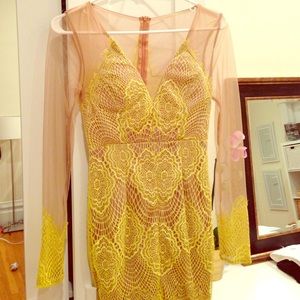 Sexy dress mesh lace yellow tan Small