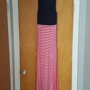 Navy, pink, and white cotton maxi dress