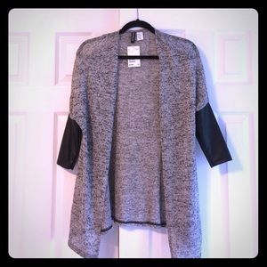 Grey Cardigan with Faux Leather Quarter Sleeves