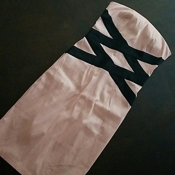 light peachy pink strapless dress black trim