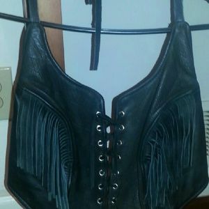 Sexy black leather fringe halter top