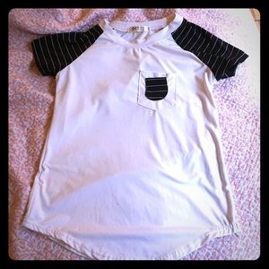 White tshirt with black sleeves. Never worn