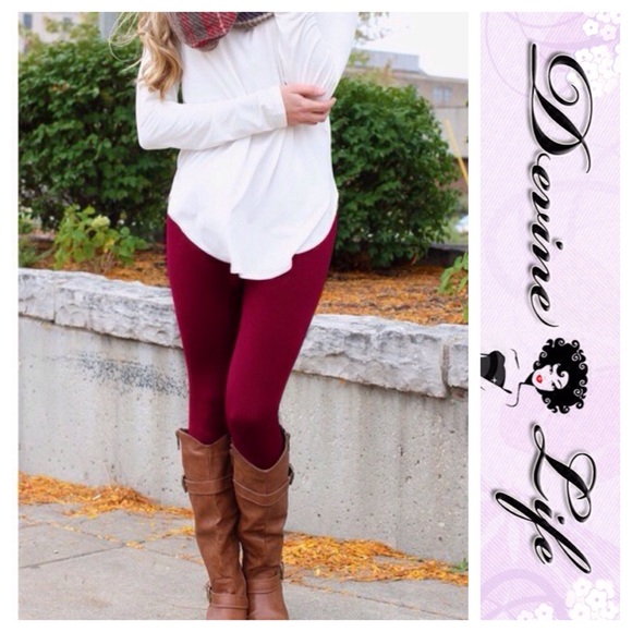 Pants - Red Wine Fleece Leggings High Waist Tummy Tuck
