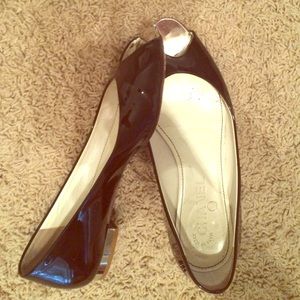 Chanel mirrored patent black peep toe flats