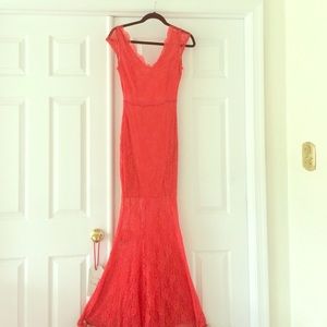 Full length red lace dress