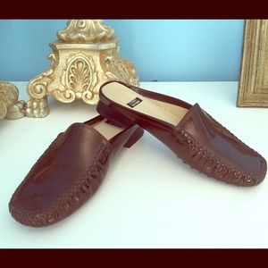 Stuart Weitzman. Bronze Patent Leather Mules.