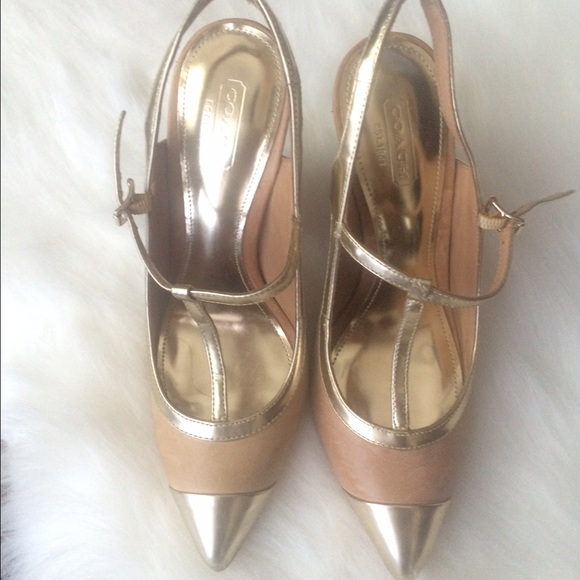 Sale! Coach T-Strap Nude & Gold Chunky Heels