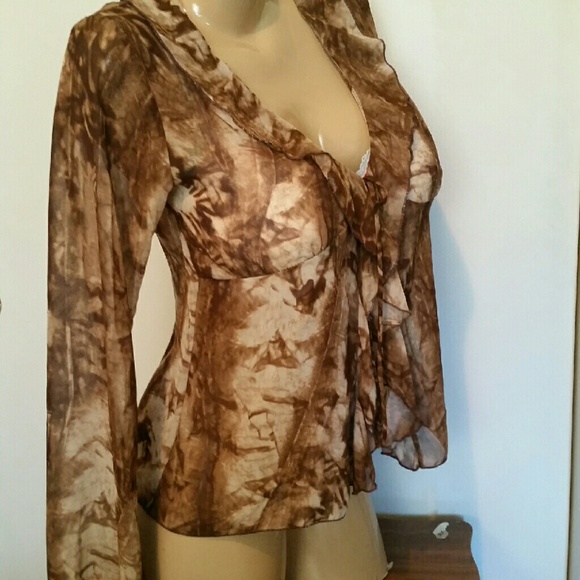 8 $ SALE!  Semi Sheer Brown Floral Cover up Top - Picture 3 of 4