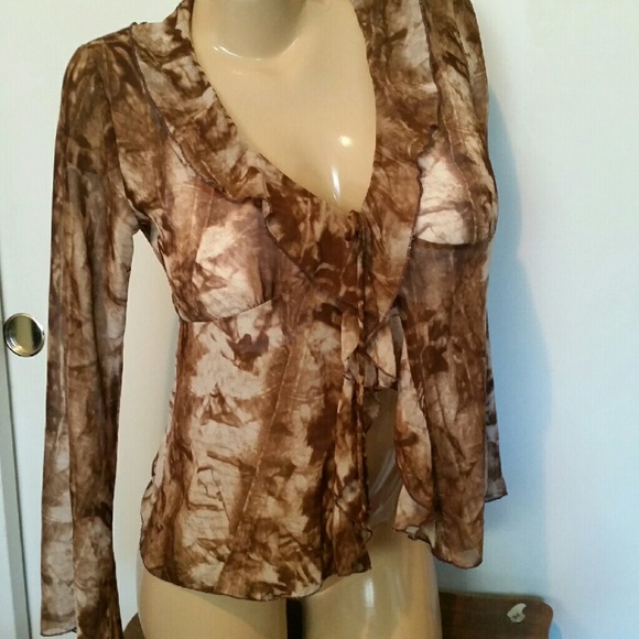 8 $ SALE!  Semi Sheer Brown Floral Cover up Top - Picture 4 of 4