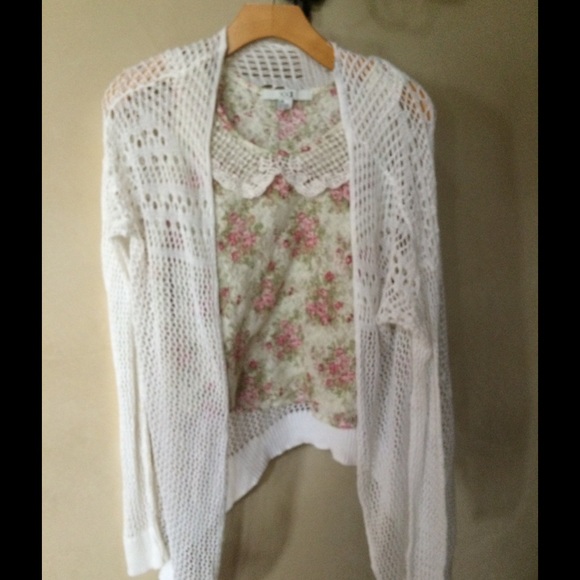 Floral top and crochet cardigan set