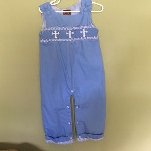 White smocked cross longalls.