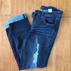 Cuffed lightly distressed jean capris
