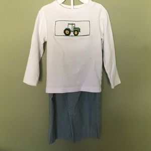 Smocked tractor shirt with matching pants.