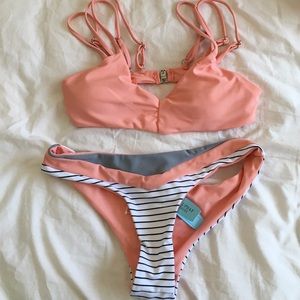 Coral and black & white stripped bikini!