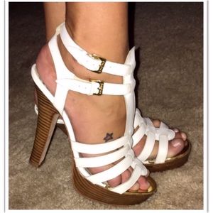 Bebe white heels with brown "wooden" bottoms