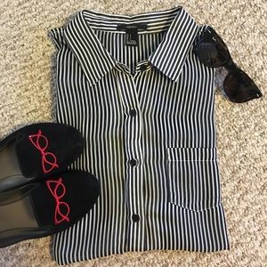 Blue and white striped chiffon blouse