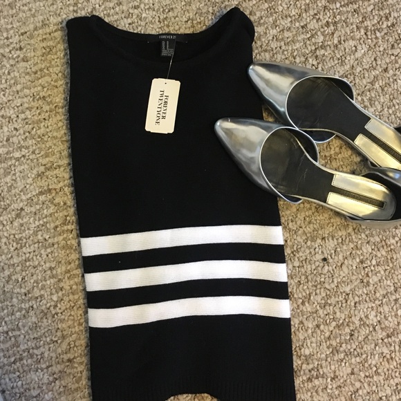 Black and white striped bell sleeve sweater
