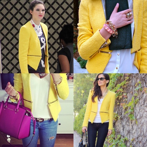 Zara yellow tweed jacket with zip detail.