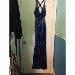 Navy blue sequence prom dress w open back