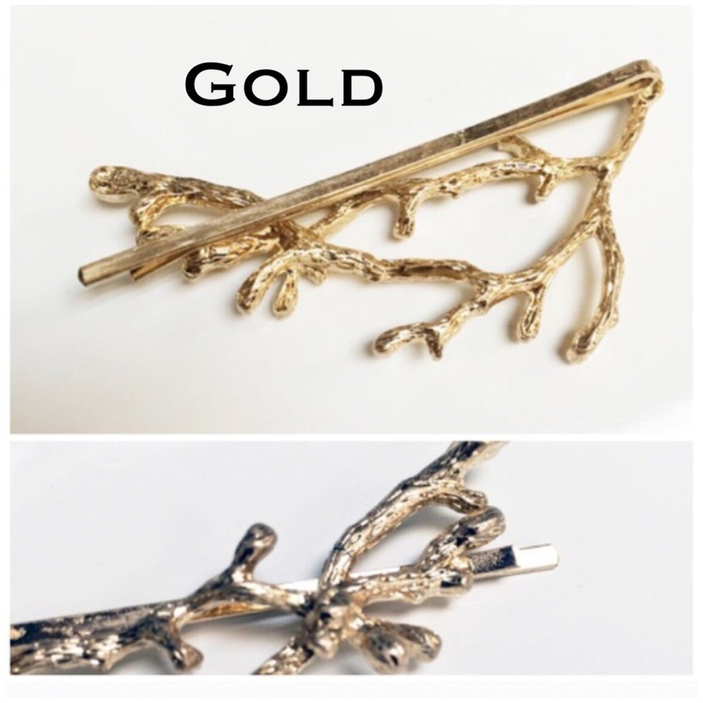 Two Twig Hair Pin Barrette Clips in Gold Or Silver - Picture 4 of 7