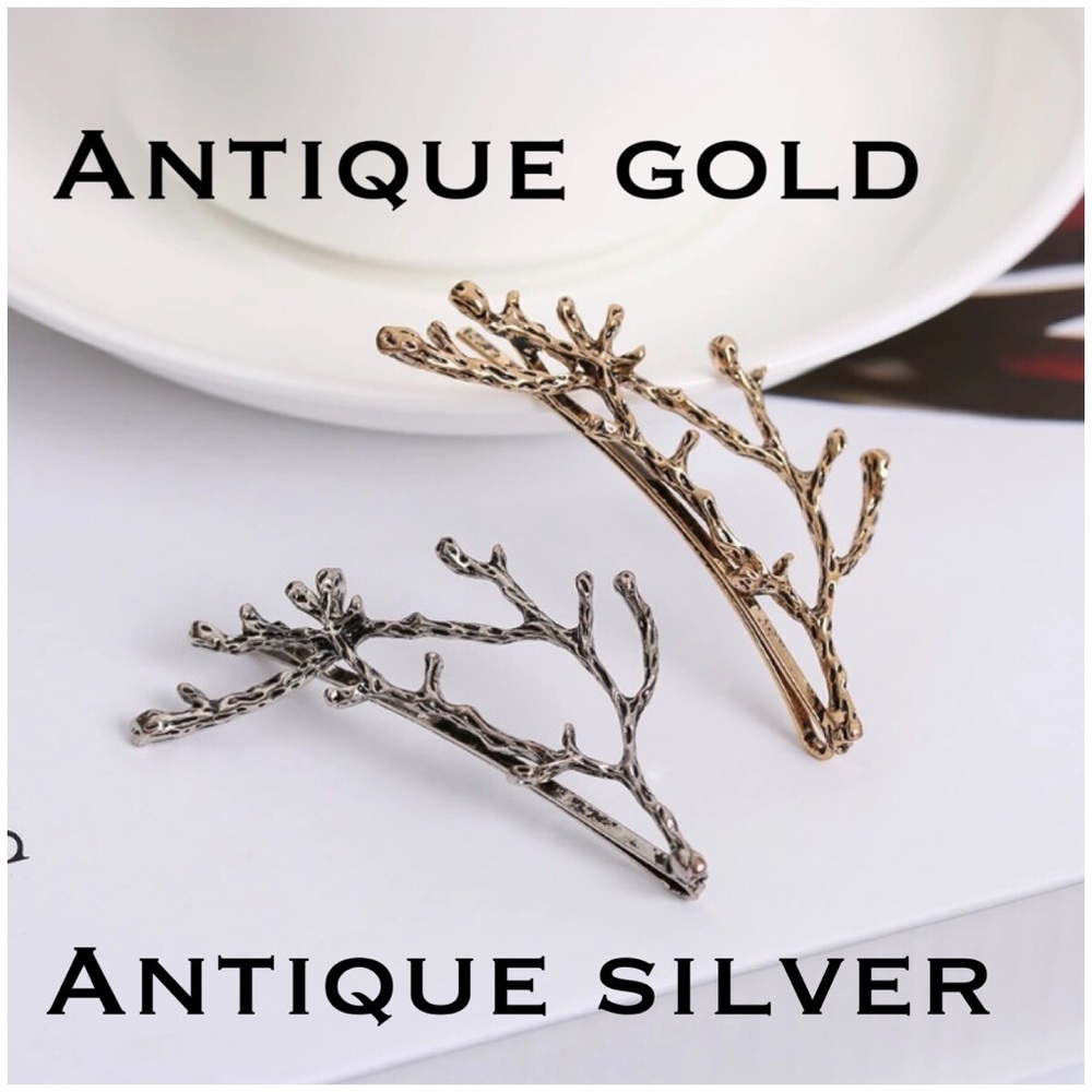 Two Twig Hair Pin Barrette Clips in Gold Or Silver - Picture 2 of 7