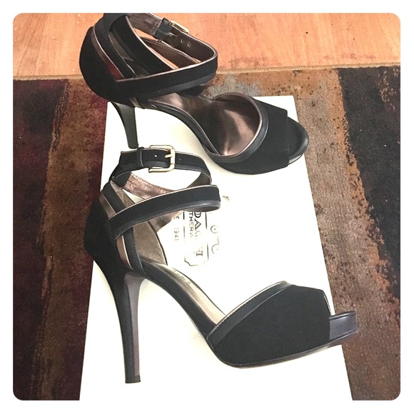 Black suede ankle strap heels.