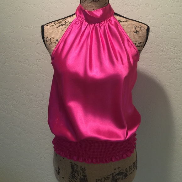Pink satin tunic blouse gathered at the bottom