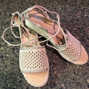 Suede upper ankle wrap wedges