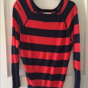 Red-orange and navy blue striped sweater