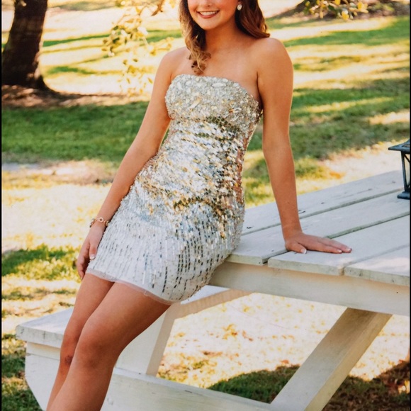 Sherri Hill gold and silver homecoming dress.