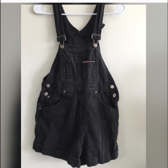 Distressed black denim overalls