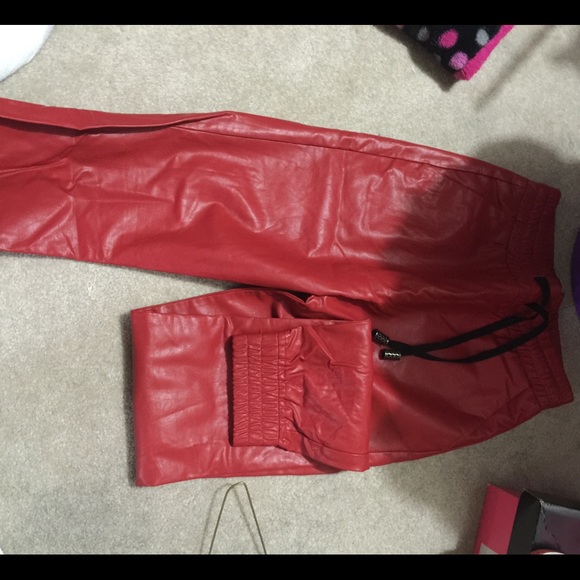 Red leather joggers