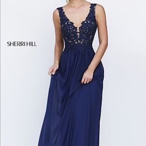 Sherri Hill Long V-Neck Embroidered Bodice Dress