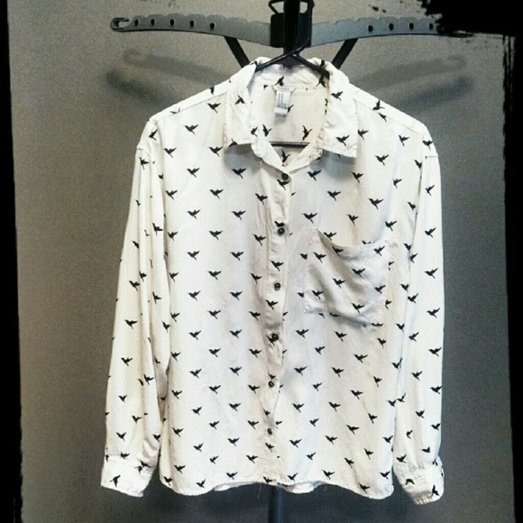 Bird Print Boyfriend Style Button-Up Shirt