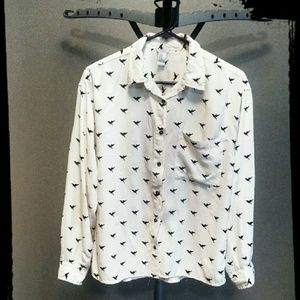 Bird Print Boyfriend Style Button-Up Shirt