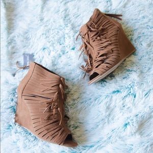 Faux Suede Fringe Front Wedge With Peep-Toe