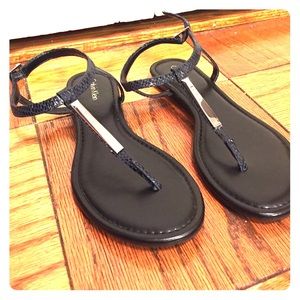 Blue t-strap sandals