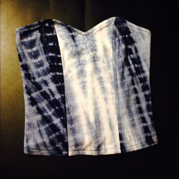 Blue white tye-dye ribbed bustier zip-up top