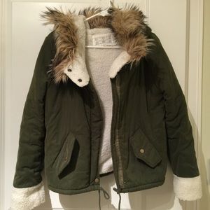 Sherpa-lined army green jacket