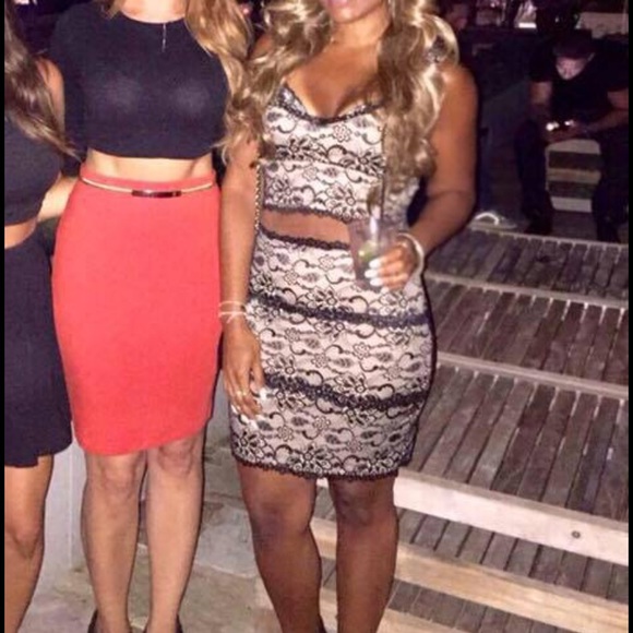 Bebe Black and Tan lace crop top and skirt set - Picture 2 of 2