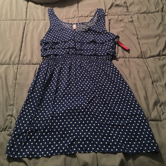 Blue and white polka dot dress